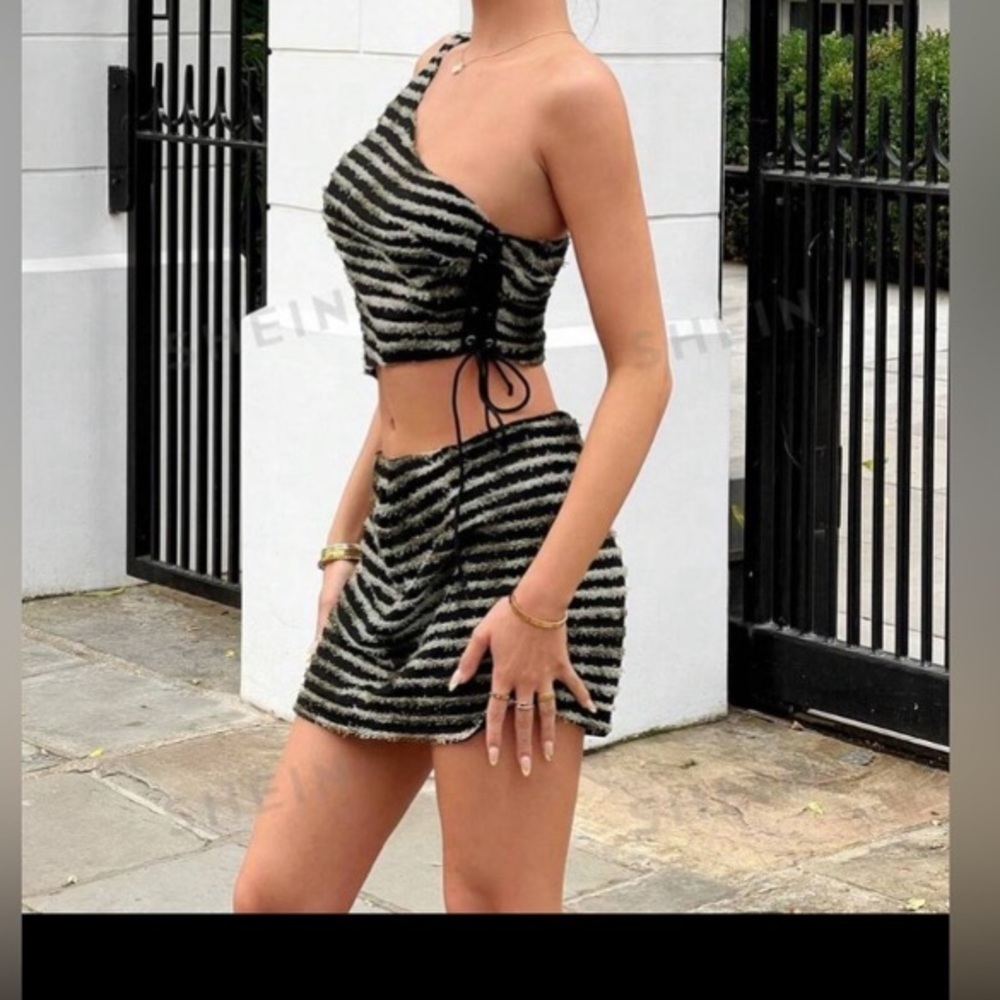 SHEIN ICON Striped One Shoulder Drawstring Side Crop Top & Skirt size M NWT - Picture 8 of 15